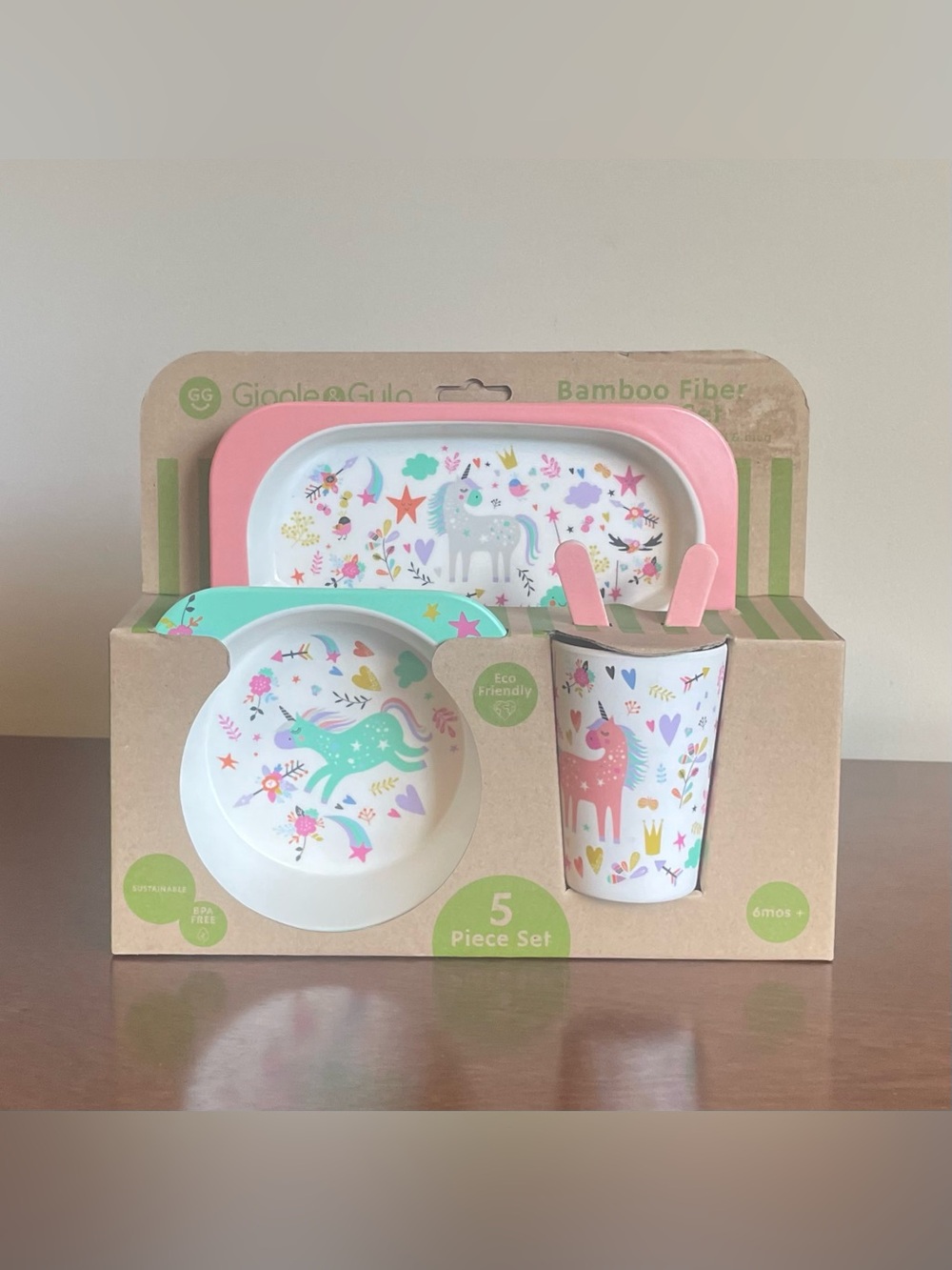 Unicorn Bamboo Fiber 5-Piece Kids Dinnerware Set - Pink, Mint, White